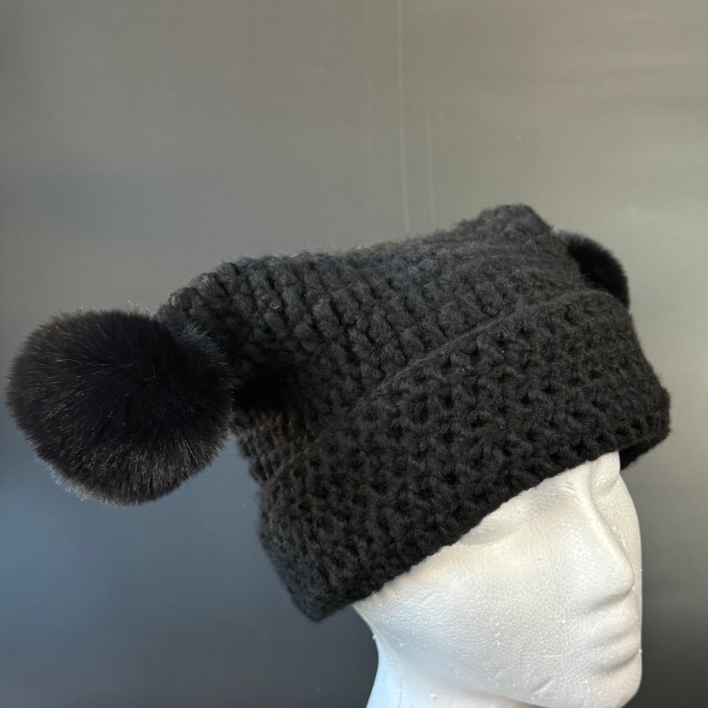 Black Fuzzball Cat Ear Beanie