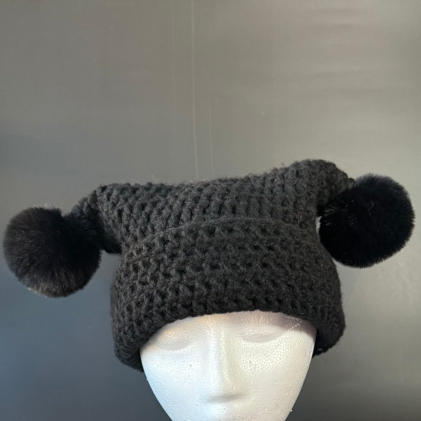 Black Fuzzball Cat Ear Beanie