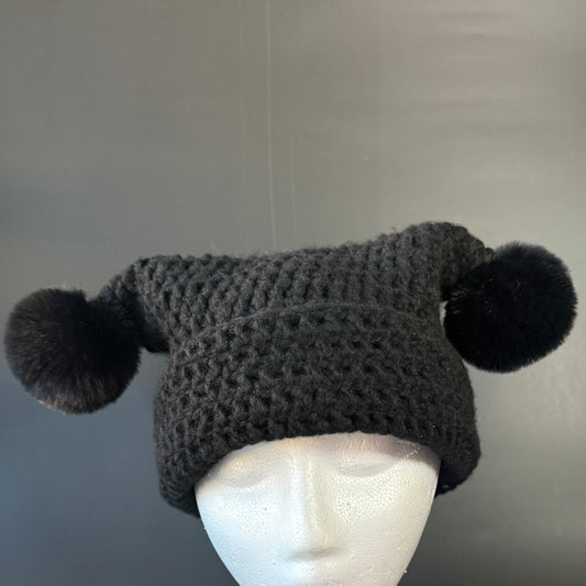 Black Fuzzball Cat Ear Beanie