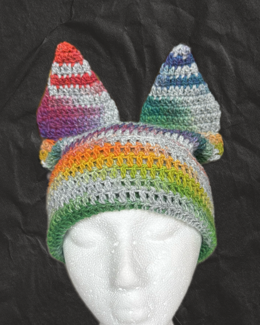 Gray Rainbow Extended Cat Ear Beanie