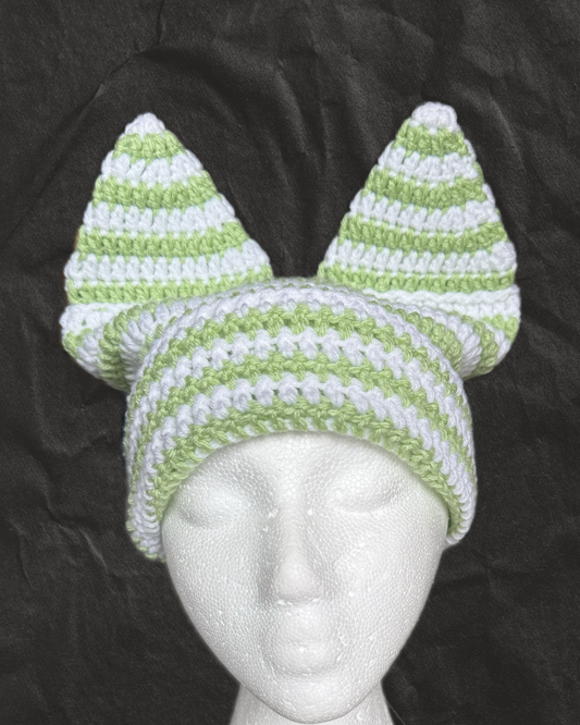 Green and White Extended Cat Ear Beanie