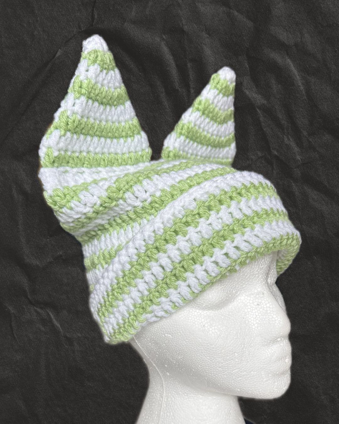 Green and White Extended Cat Ear Beanie